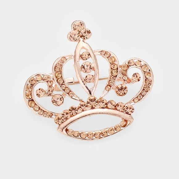 🏷️ Rhinestone Crown Brooch Rose Gold Peach - Picture 1 of 2